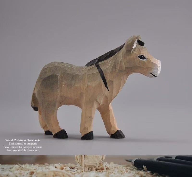 手彫り 温もり木彫り 小ロバの置物 デスクトップ小物