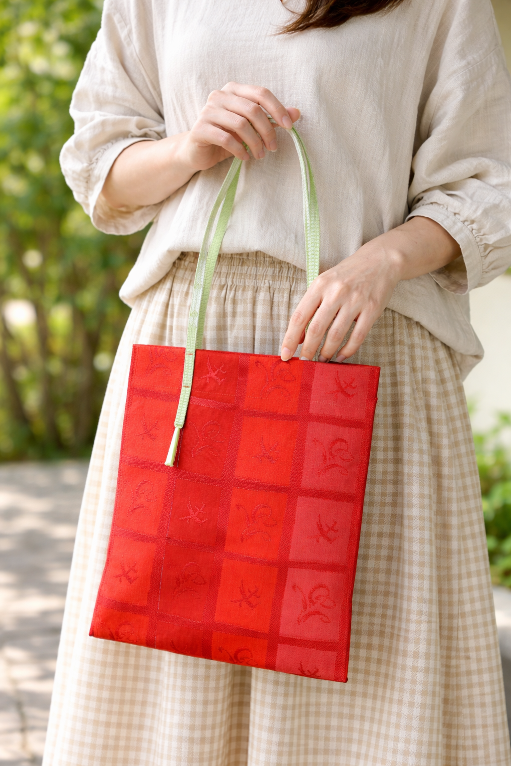 帯リメイク トートバッグ｜赤×緑 和モダン 一点物