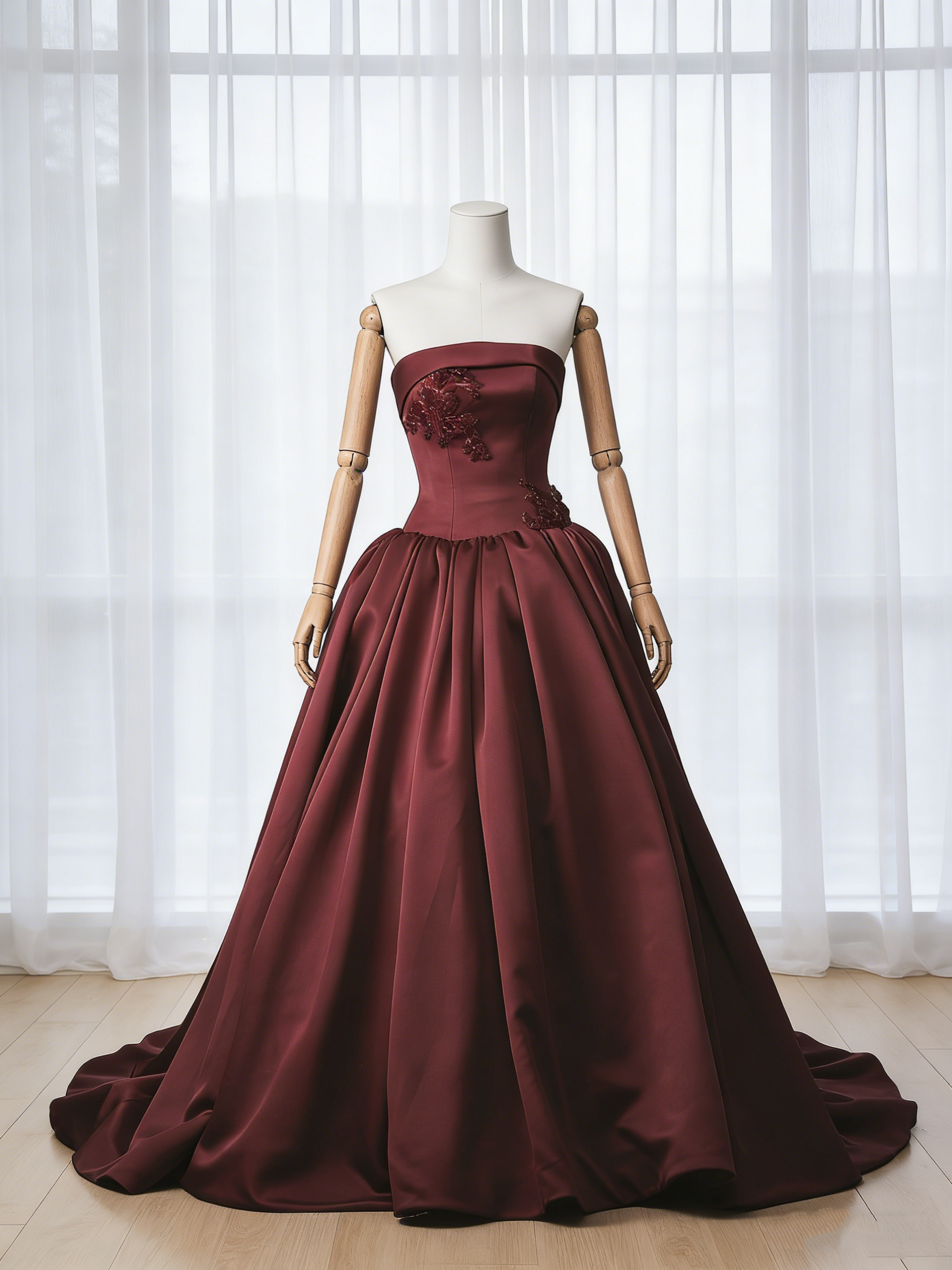 送料無料！カラードレス ワインレッド ベアトップ 3D立体レース刺繍 細見えシルエット フレアスカート クラシカル
