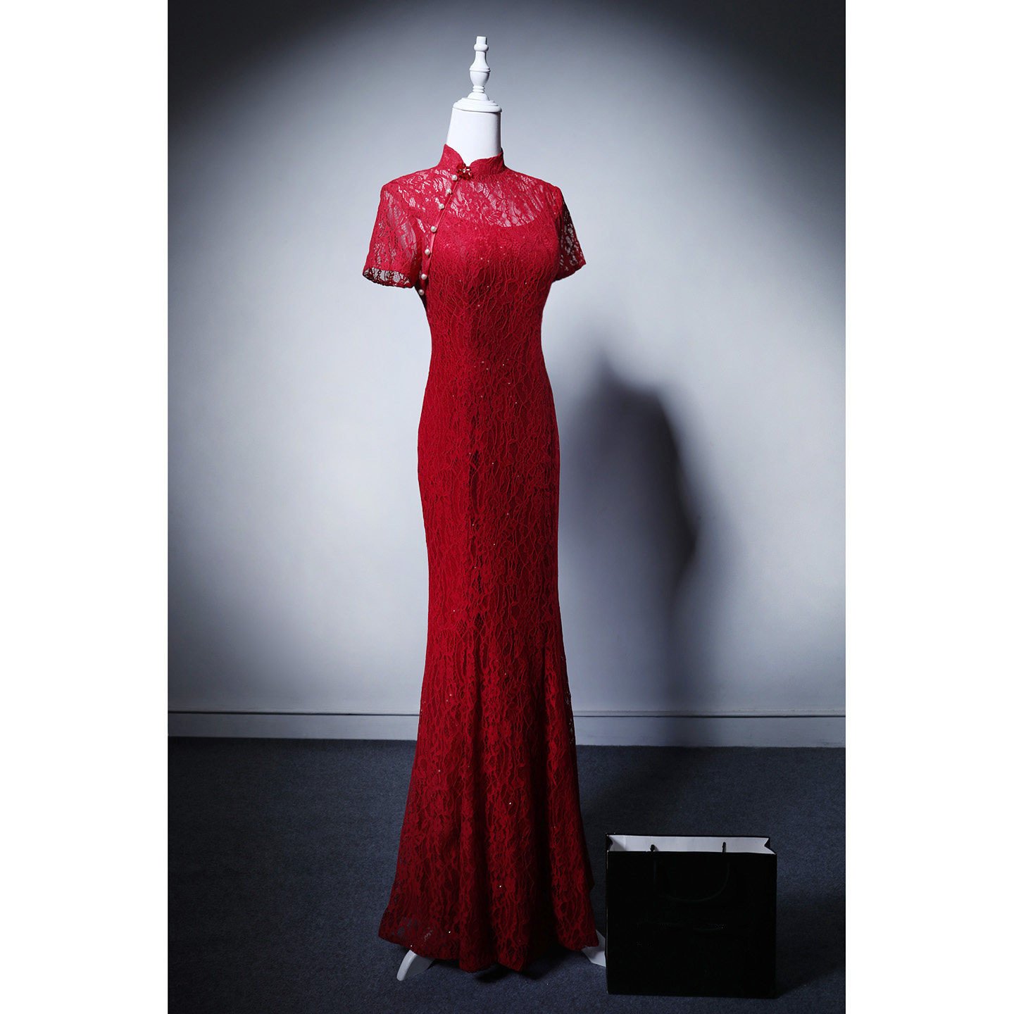 高級感 赤 半袖 レース マーメイドドレス スリム 綺麗 花嫁 演奏会 誕生日 披露宴 二次会 前撮り M020