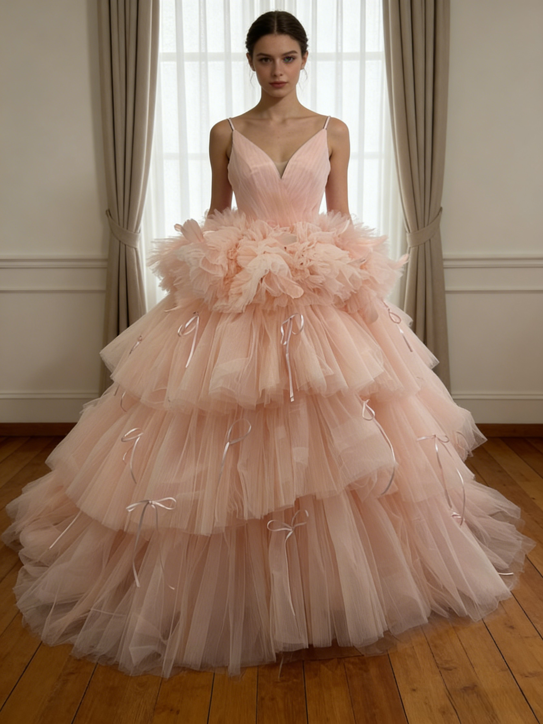 美品！カラードレス ピンク キャミソール リボン 柔らかく重ねたチュールスカート 花嫁 可愛い