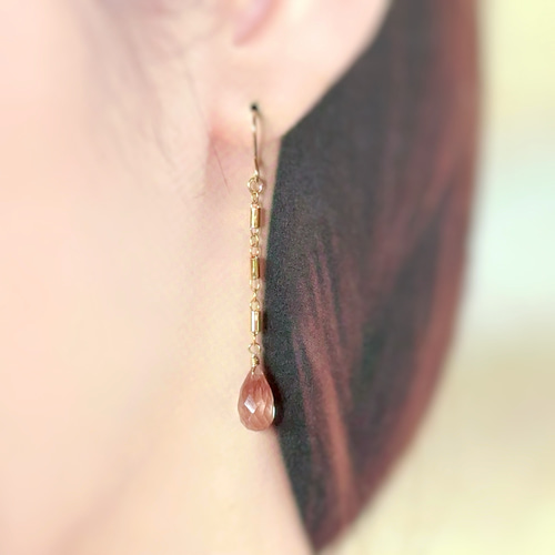 アウトレット〉宝石質オレゴンサンストーンのチェーンピアス◇14kgf