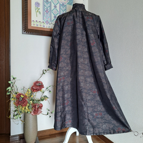 ☆ 着物リメイク/大島紬/正絹/ボウカラー/フレアワンピース/一点もの