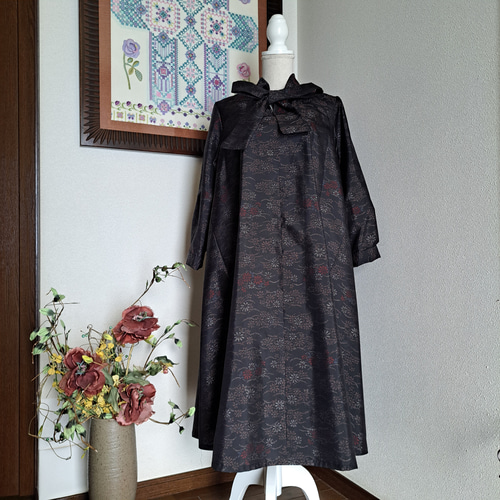 ☆ 着物リメイク/大島紬/正絹/ボウカラー/フレアワンピース/一点もの