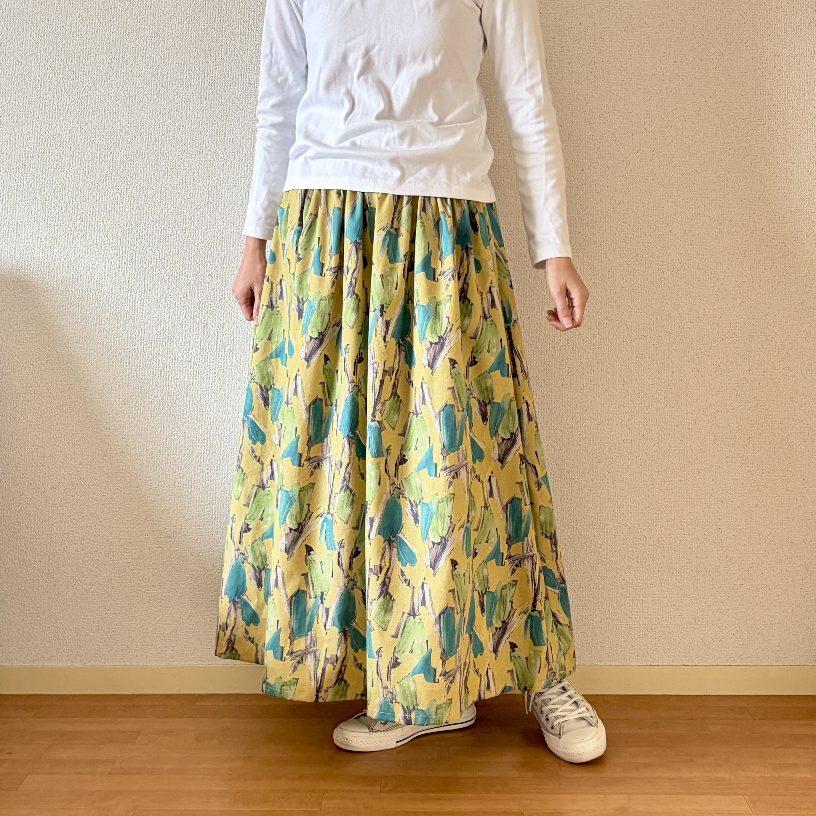 【2026新作】柔らかな麻綿スカート♪絵の具で描いた様な主役になるギャザースカート♪イエロー 数量限定 ウエスト変更可 7,546円