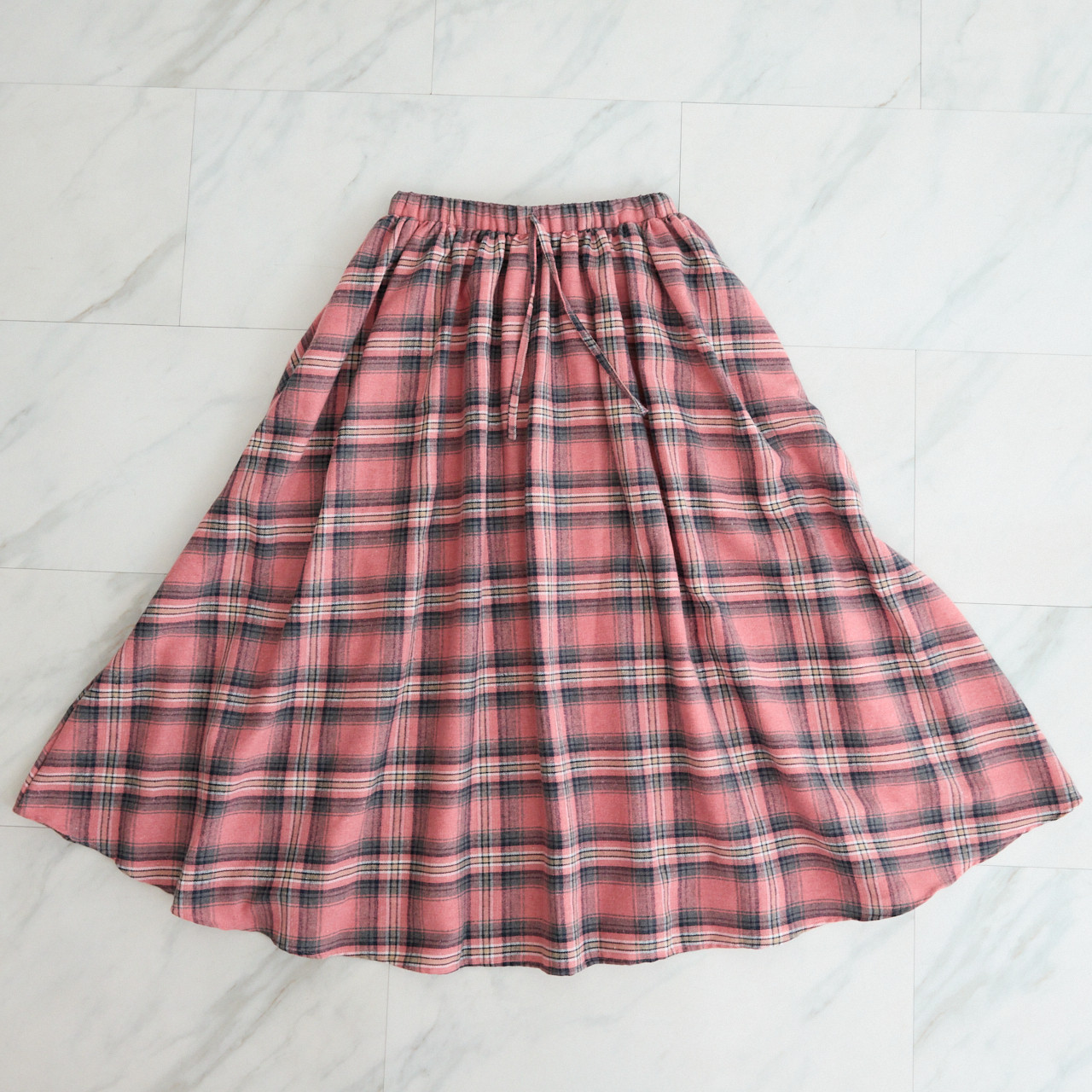 【✨丈調整できる】春まで◎肌触りの良いチェック柄 ウエストゴム フレアスカート　ピンク　0786PK