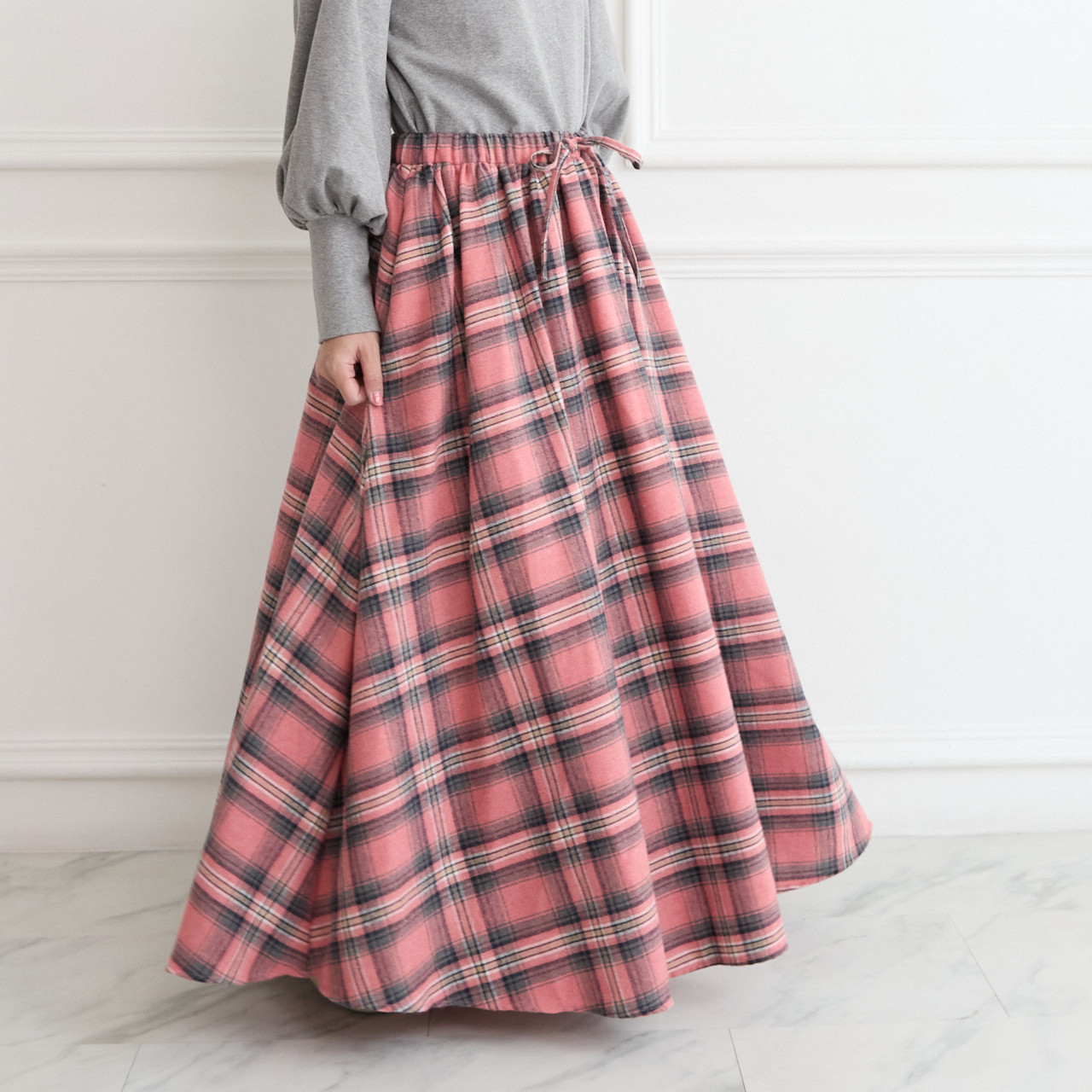 【✨丈調整できる】春まで◎肌触りの良いチェック柄 ウエストゴム フレアスカート　ピンク　0786PK