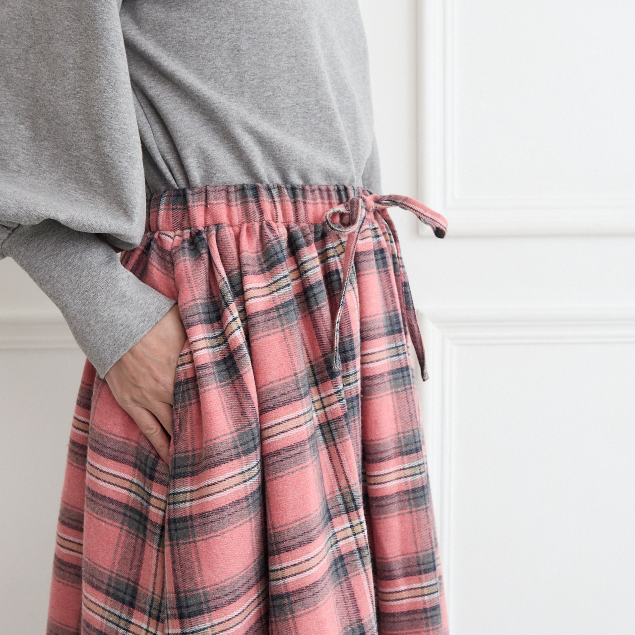 【✨丈調整できる】春まで◎肌触りの良いチェック柄 ウエストゴム フレアスカート　ピンク　0786PK