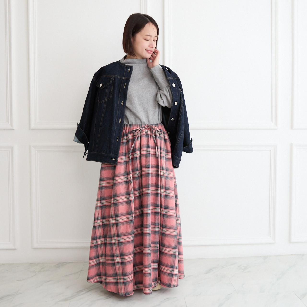 【✨丈調整できる】春まで◎肌触りの良いチェック柄 ウエストゴム フレアスカート　ピンク　0786PK