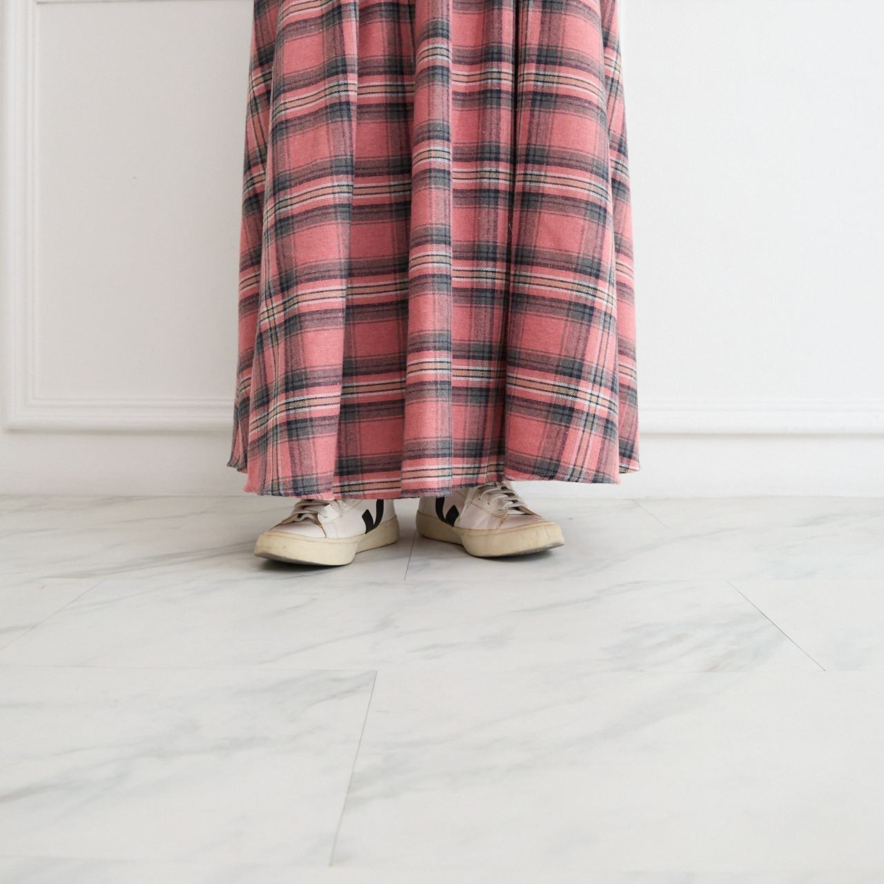 【✨丈調整できる】春まで◎肌触りの良いチェック柄 ウエストゴム フレアスカート　ピンク　0786PK