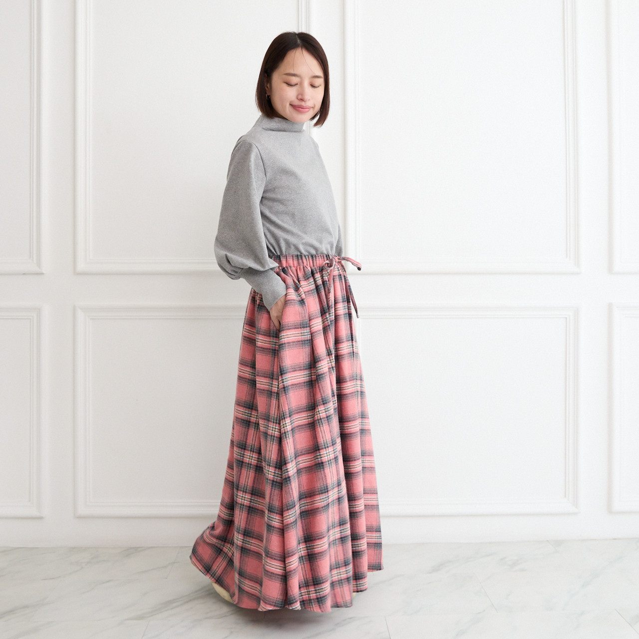 【✨丈調整できる】春まで◎肌触りの良いチェック柄 ウエストゴム フレアスカート　ピンク　0786PK