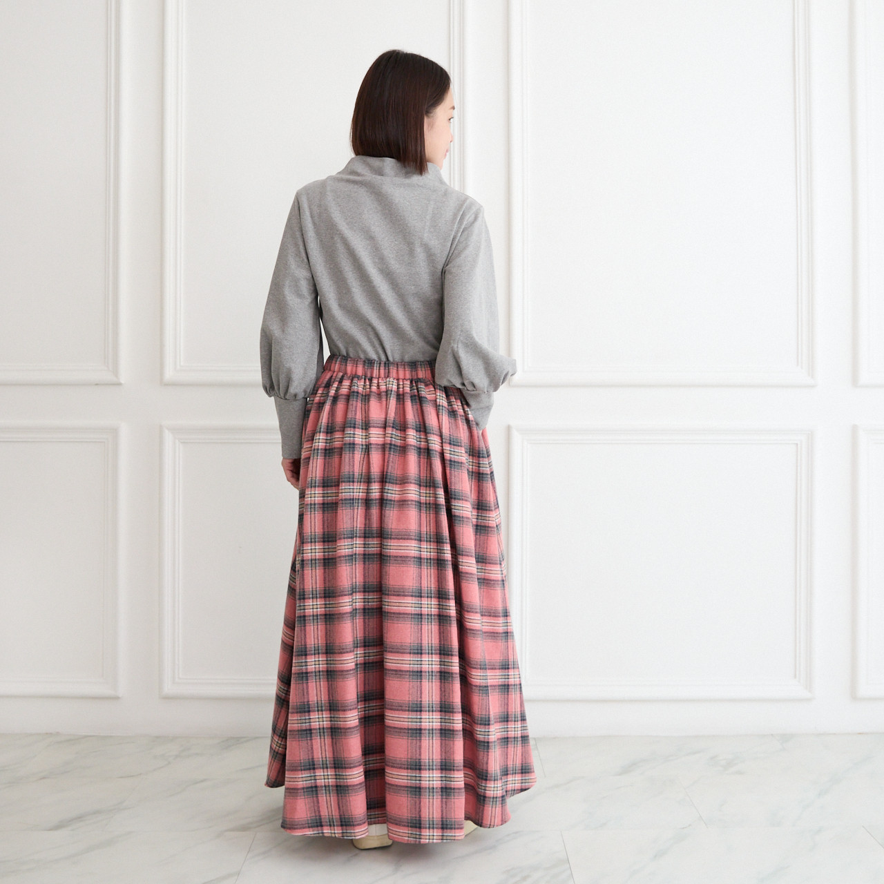 【✨丈調整できる】春まで◎肌触りの良いチェック柄 ウエストゴム フレアスカート　ピンク　0786PK