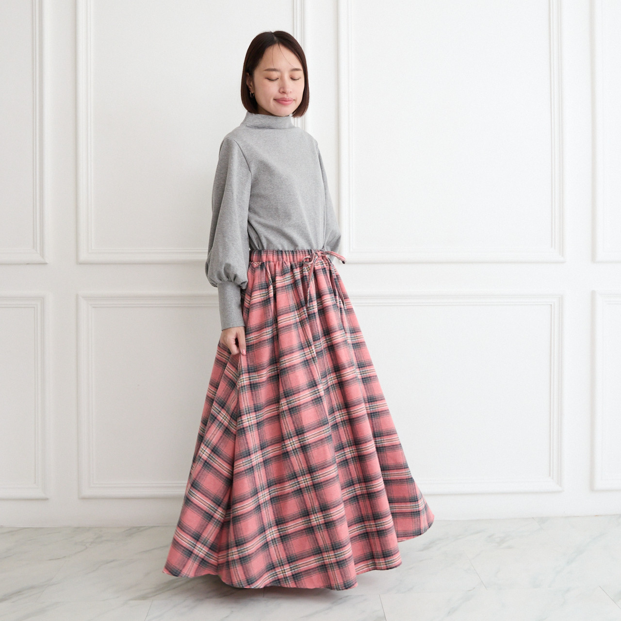 【✨丈調整できる】春まで◎肌触りの良いチェック柄 ウエストゴム フレアスカート　ピンク　0786PK