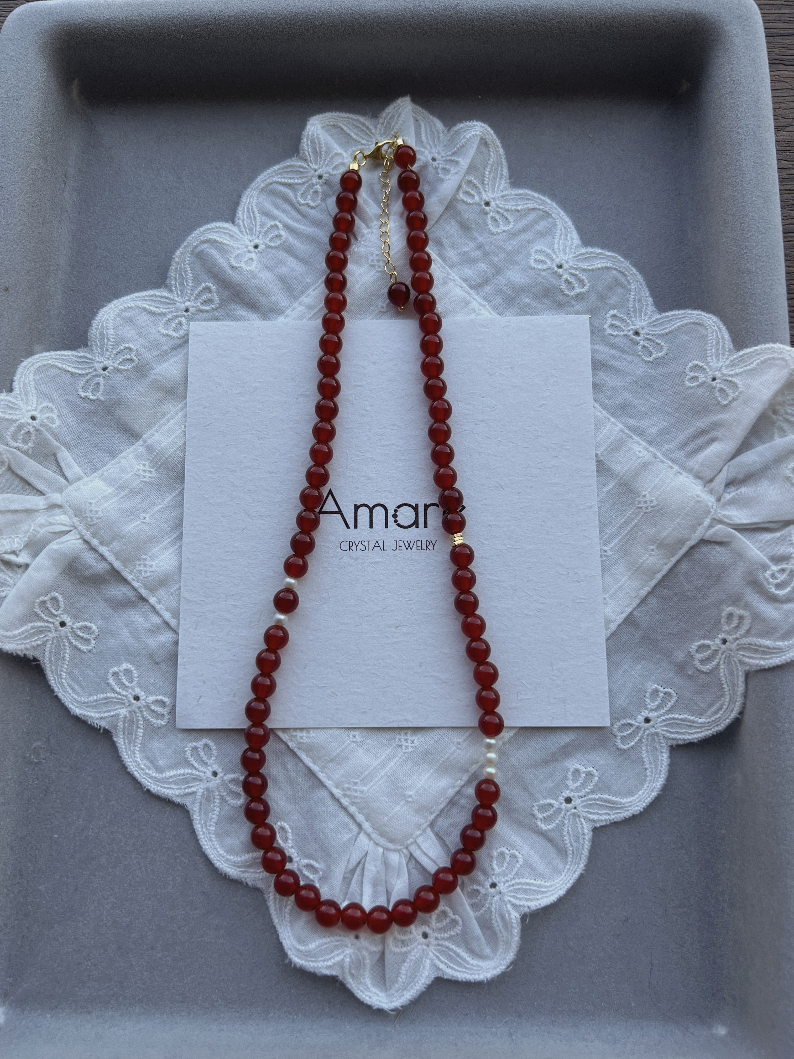 Freyaレッドアゲート（赤瑪瑙）ネックレス｜6mm天然石×淡水パール ｜K18ゴールド+シルバー925｜北欧ミニマム