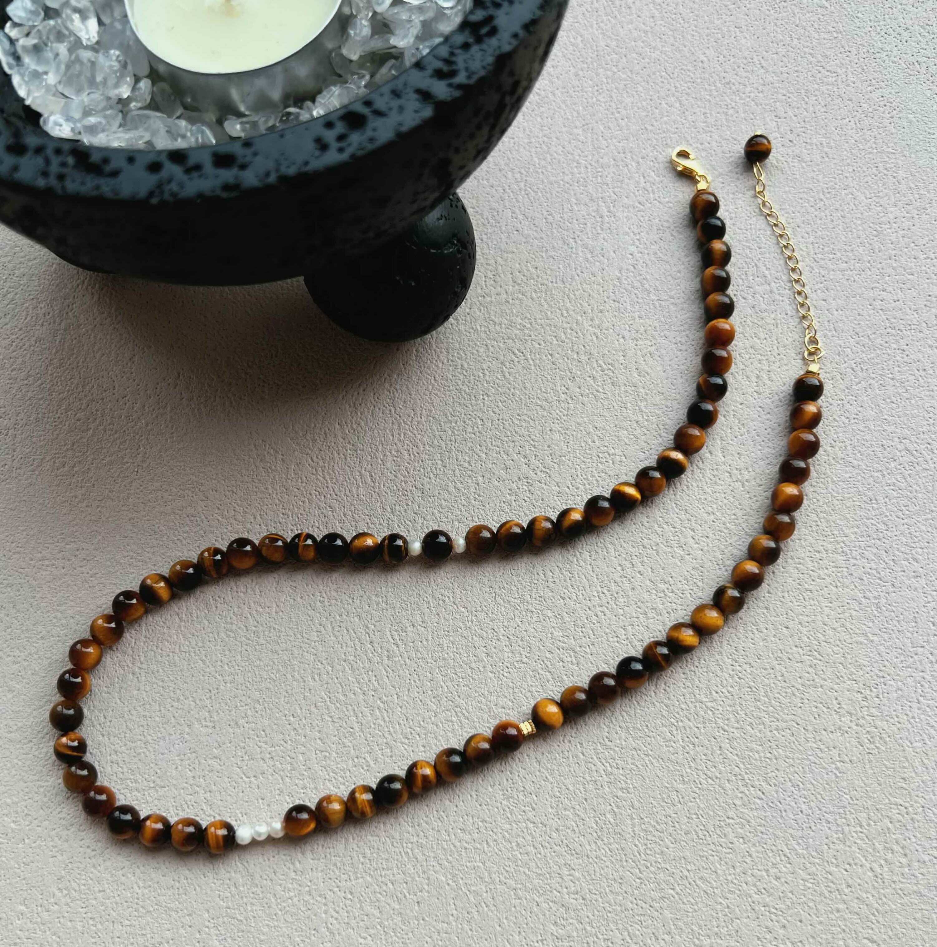タイガーアイ ネックレス｜6mm天然石×淡水パール｜SV925＋18Kゴールド｜北欧ミニマム｜クリスタルビーズネックレス