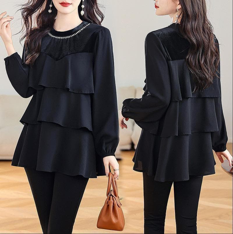 新品 春秋冬 大きいサイズ フリル シック トップス 長袖　体系カバー45