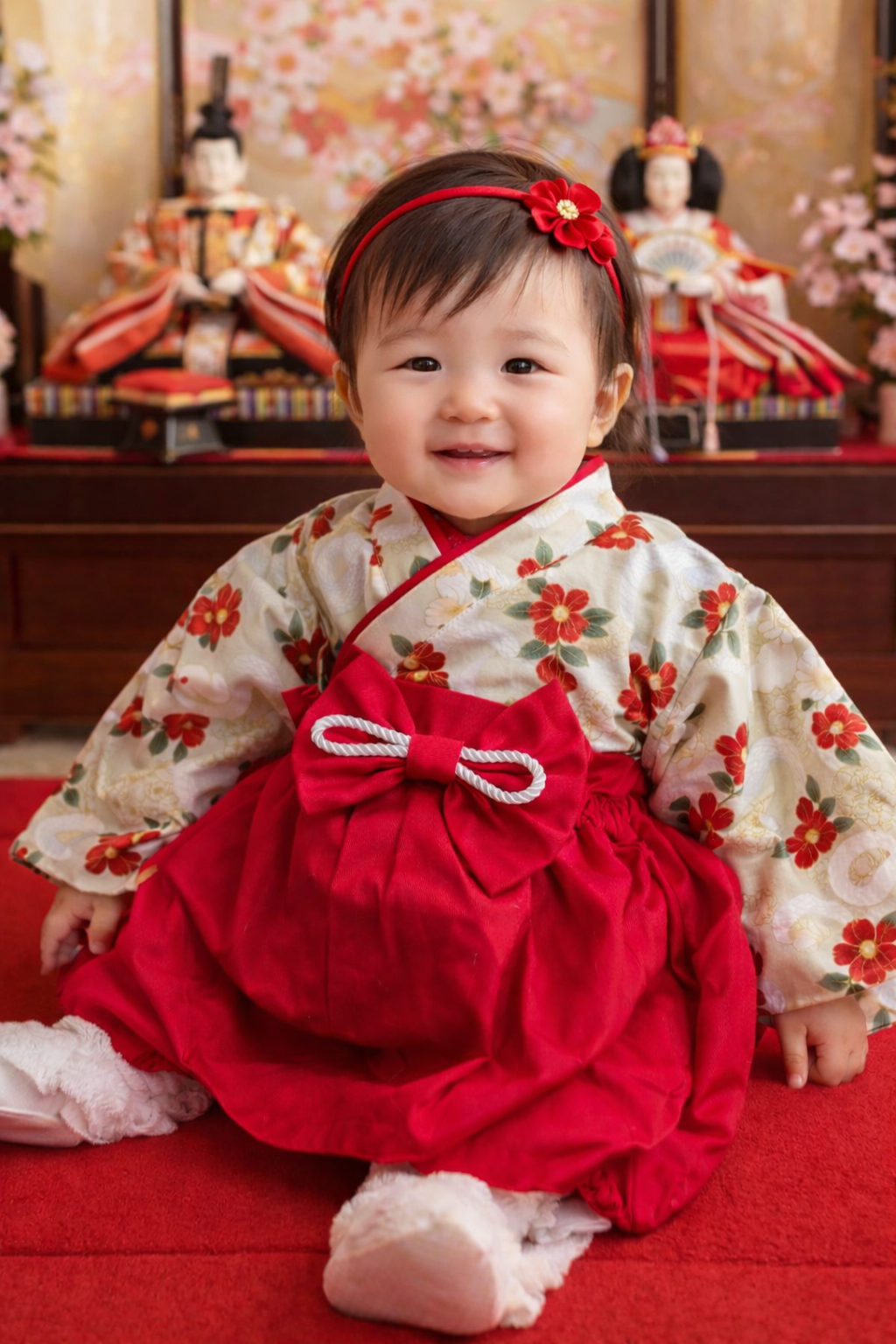 ベビー袴　和柄　白蛇✕濃赤　百華繚蘭　3ヶ月〜