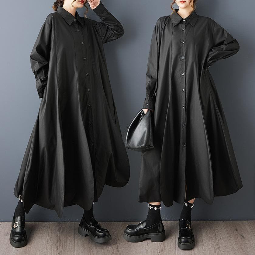新品 大きいサイズ 秋冬 黒 シャツワンピース ロング ゆったり モード;0