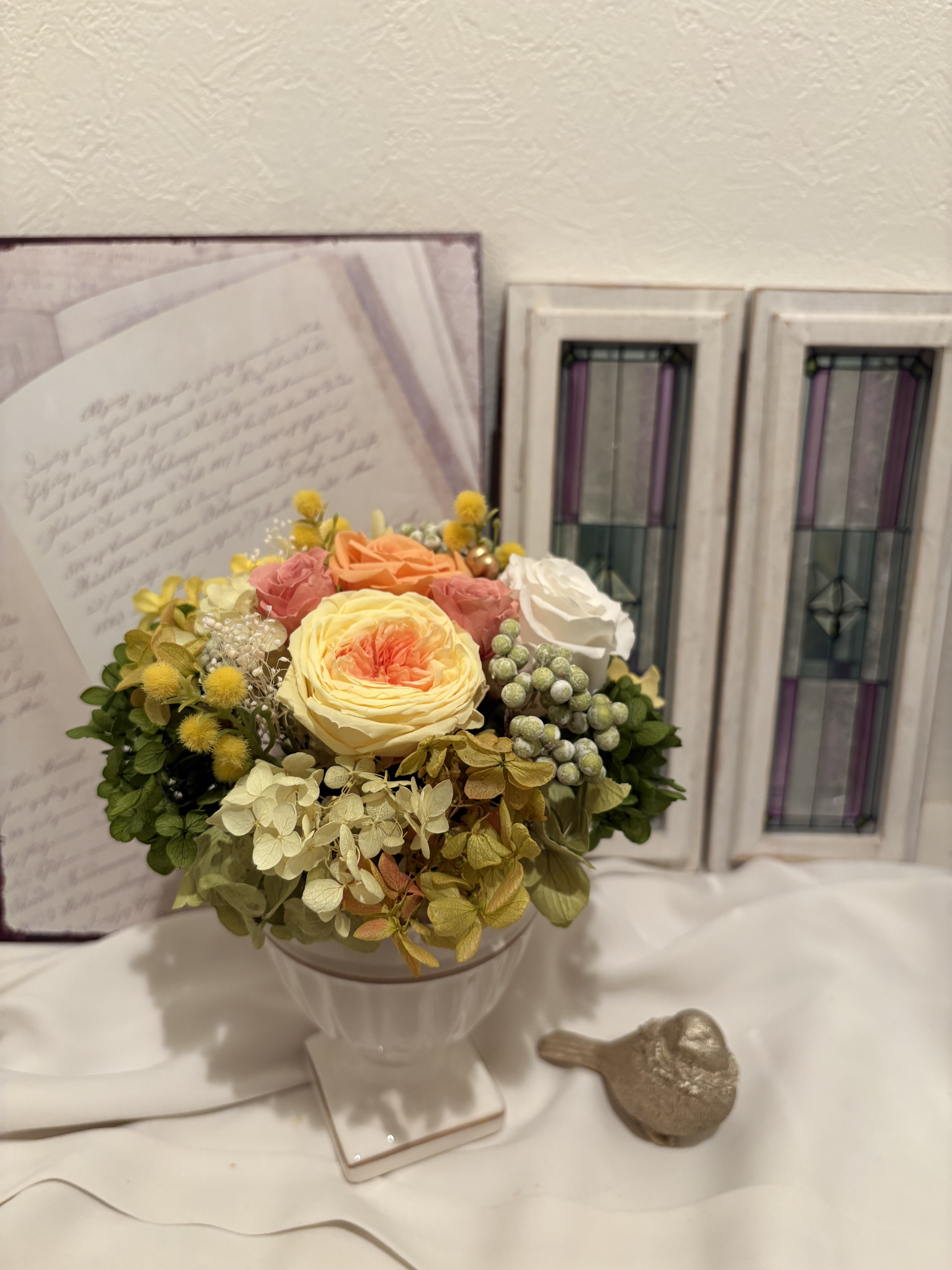 春の誕生花2026　ミモザと春色ローズのアレンジメント　プリザーブドフラワー　卒業祝い　就職祝い　合格祝い　イエロー