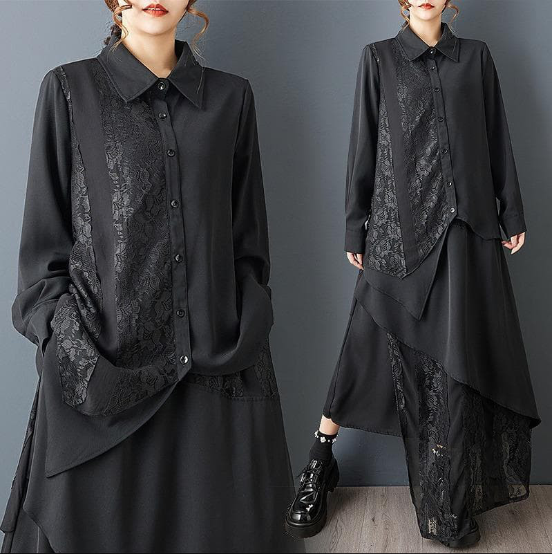 新品 大きいサイズ 春 秋冬 黒 モード レース アシンメトリー セットアップ