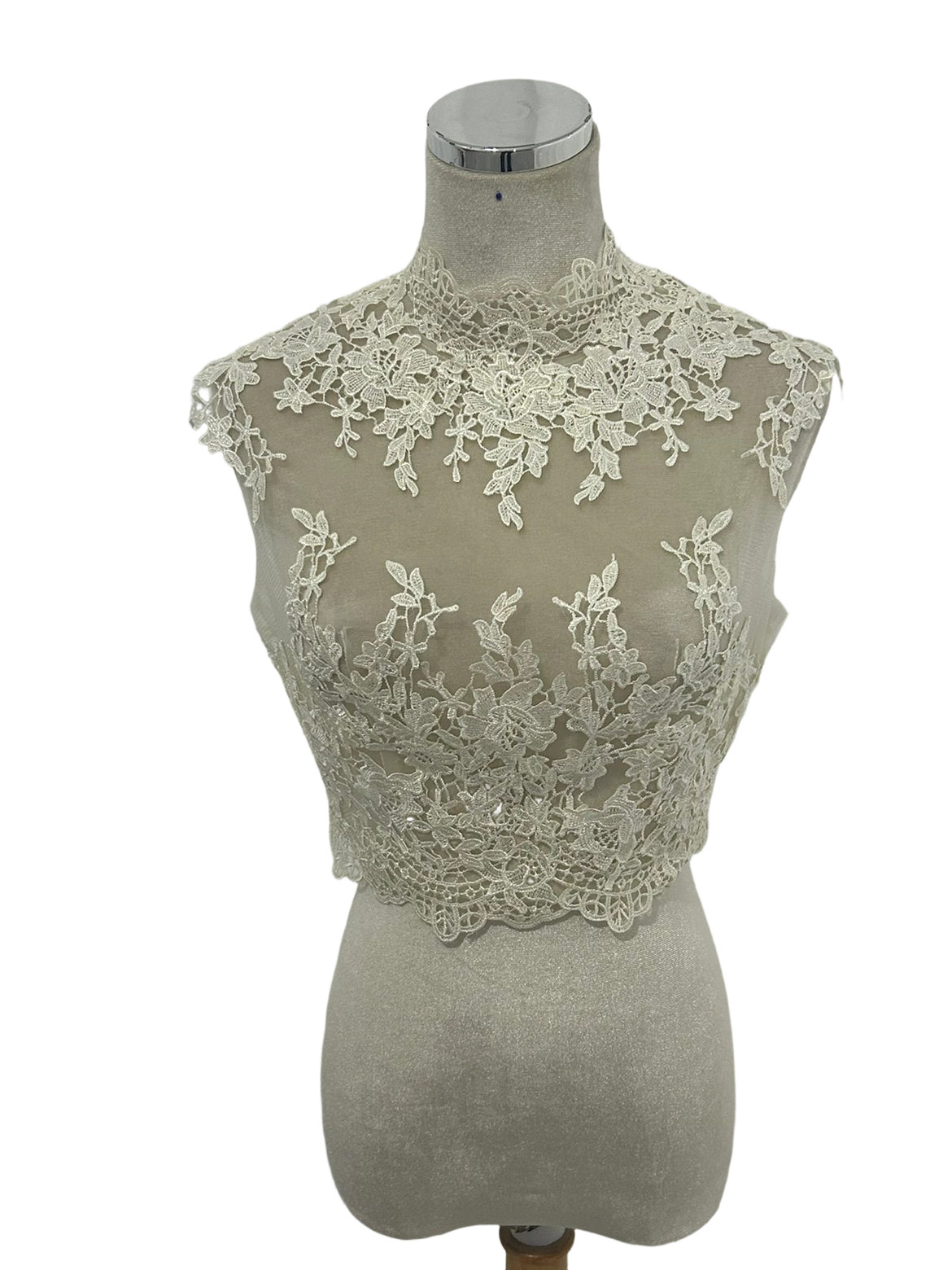 ボレロ アイボリー  ノースリーブ ハイネック くるみボタン 流れる透け花レース 花嫁/ウェディングドレス