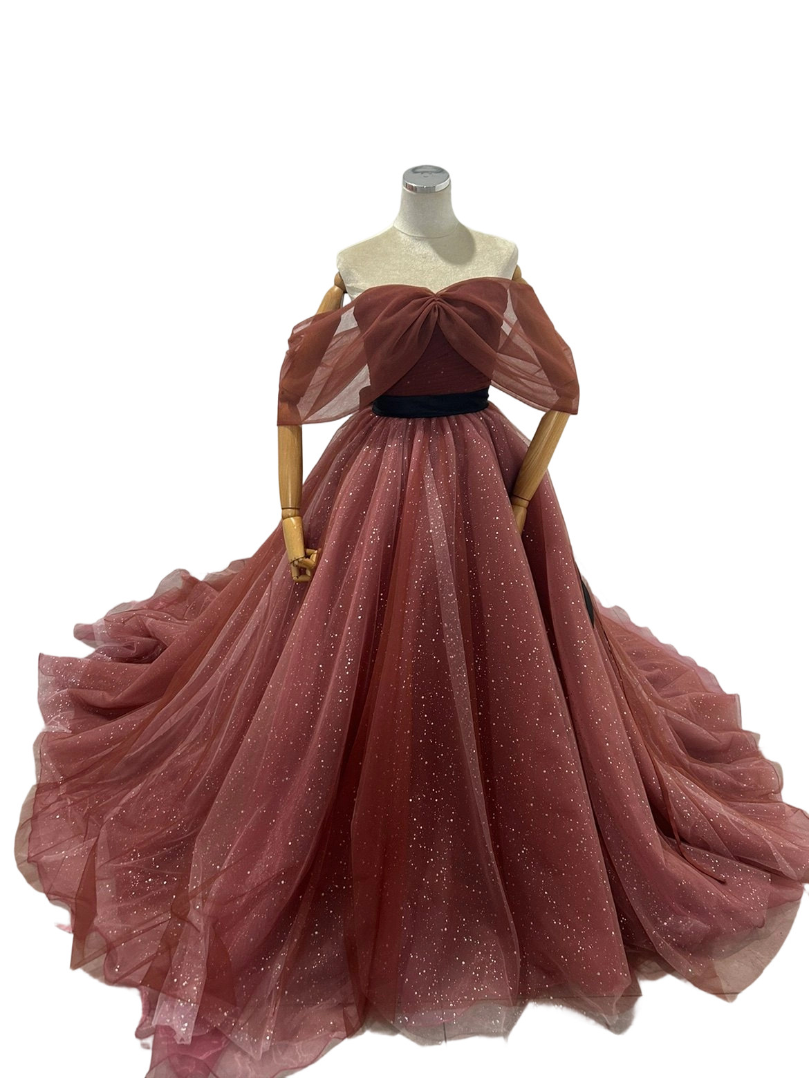 カラードレス テラコッタ オフショルダー サッシュベルト 編み上げ 上質オーガンジー 華やかなトレーン