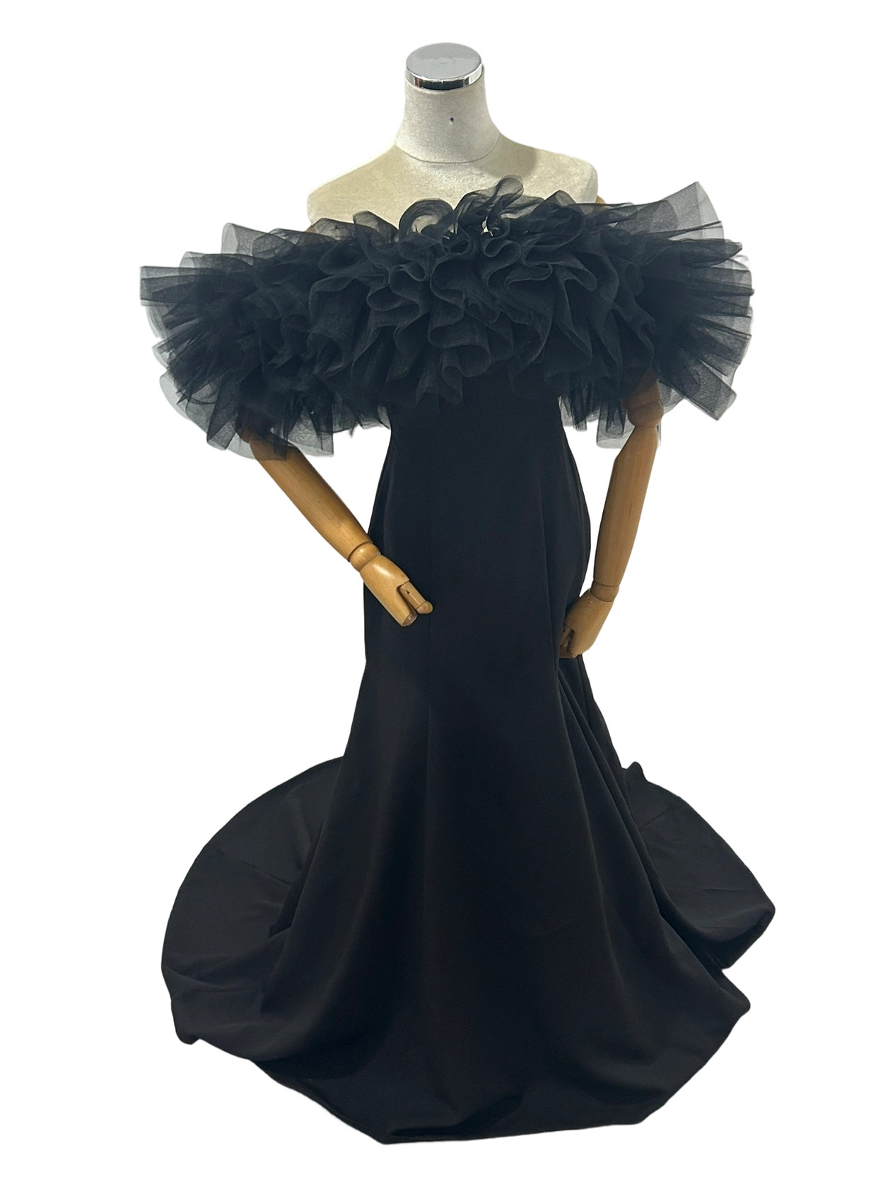 パーティードレス 取り外し可能なオフショルダー マーメイドライン ブラック クレープ生地 2次会