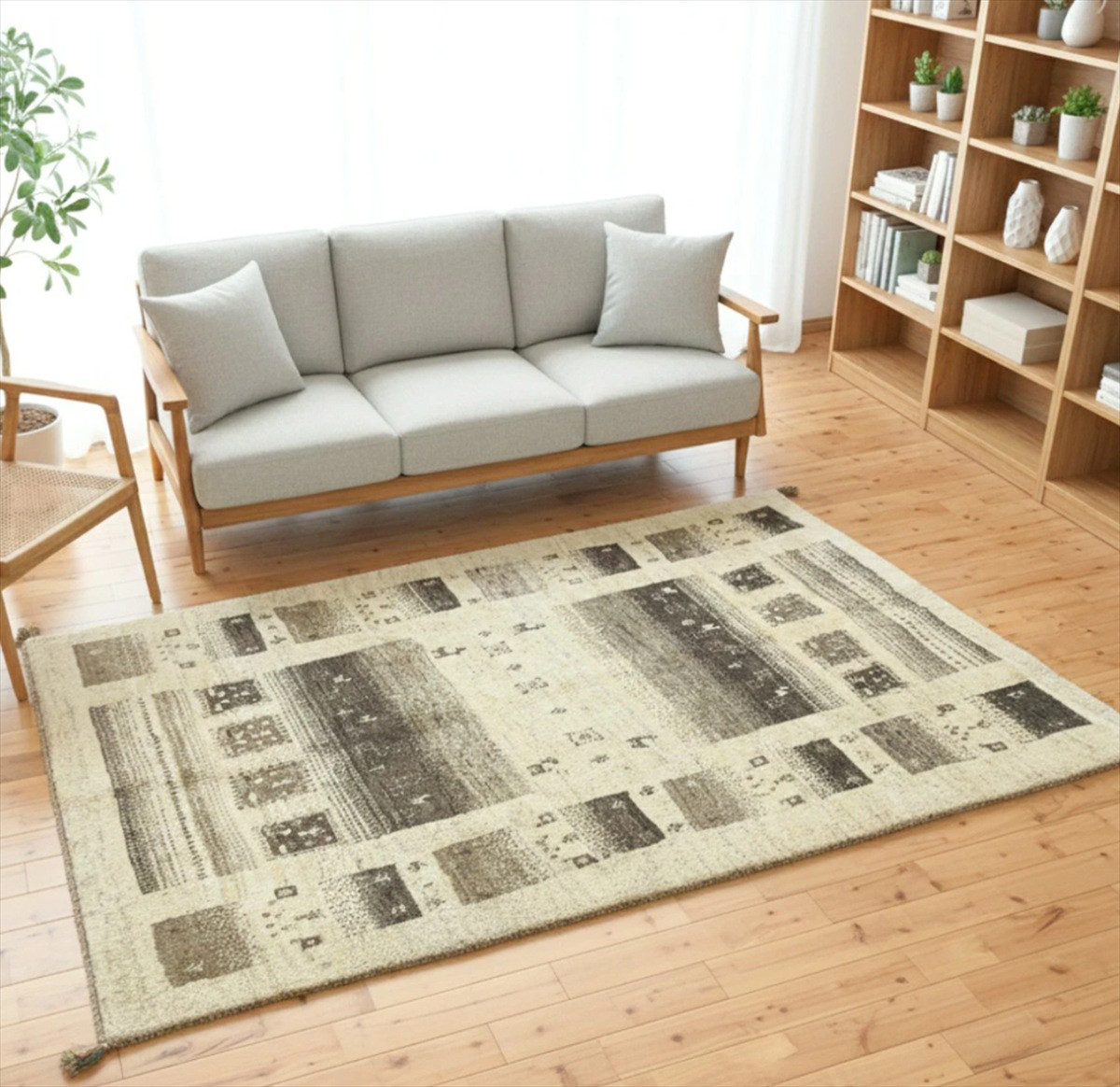 ペルシャ  ギャッベ　リビング　ラグ　196x148cm　ベージュ　グレー　無染めのウール　RJ5277