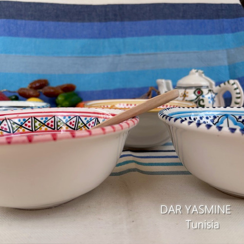 チュニジア・ナブールの陶器 ふちありボウル16cm 4色セット お椀