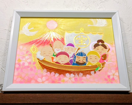 風水幸せ◇縁起物 絵画＊笑顔の七福神 桜の海へ到着！幸せ運ぶ白い鳥と