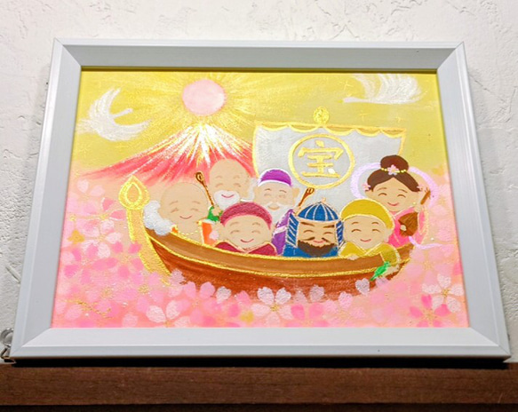 [油絵] 作品名：福の流れ (Flow of Fortune) 風水幸せ◇縁起物 絵画＊笑顔の七福神 桜の海へ到着！幸せ運ぶ白い鳥と