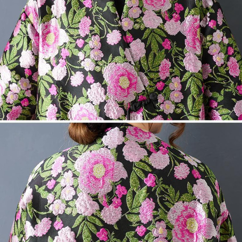 新品 大きいサイズ ゆったり 花柄 刺繍 トレンチコート ミドル丈 黒 春