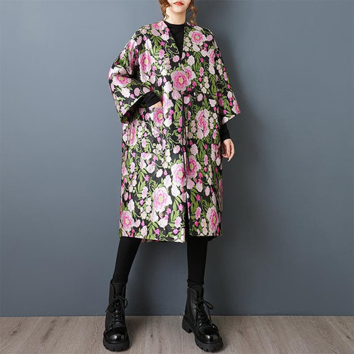 新品 大きいサイズ ゆったり 花柄 刺繍 トレンチコート ミドル丈 黒 春