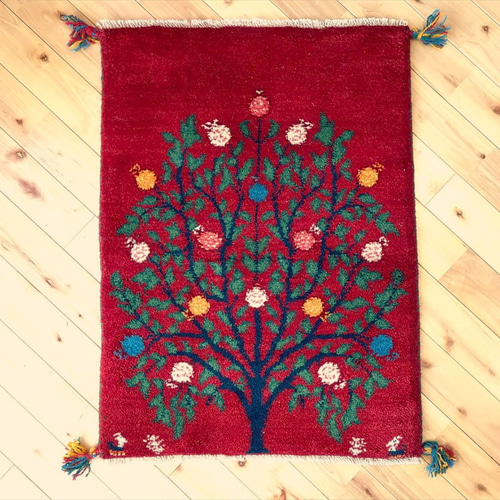 ペルシャ ギャッベ 玄関マット ラグ 85x63㎝ 茜色 ボルドーカラー