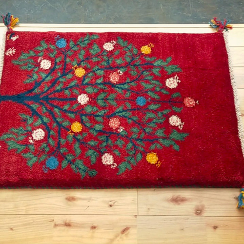 ペルシャ ギャッベ 玄関マット ラグ 85x63㎝ 茜色 ボルドーカラー