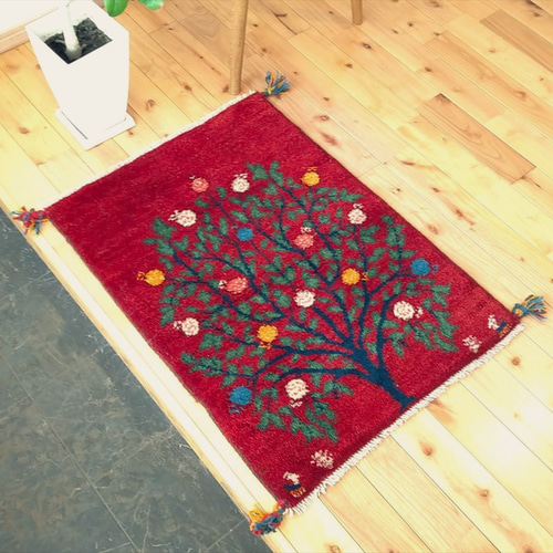 ペルシャ ギャッベ 玄関マット ラグ 85x63㎝ 茜色 ボルドーカラー