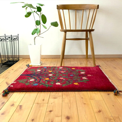 ペルシャ ギャッベ 玄関マット ラグ 85x63㎝ 茜色 ボルドーカラー