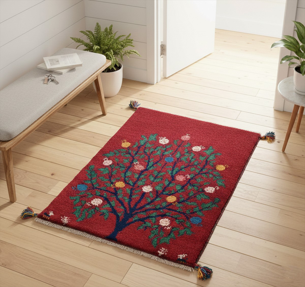 ペルシャ　ギャッベ　玄関マット　ラグ　85x63㎝　茜色　ボルドーカラー　ザクロの木 RJ13479