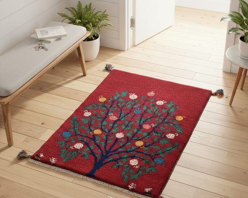 ペルシャ ギャッベ 玄関マット ラグ 85x63㎝ 茜色 ボルドーカラー