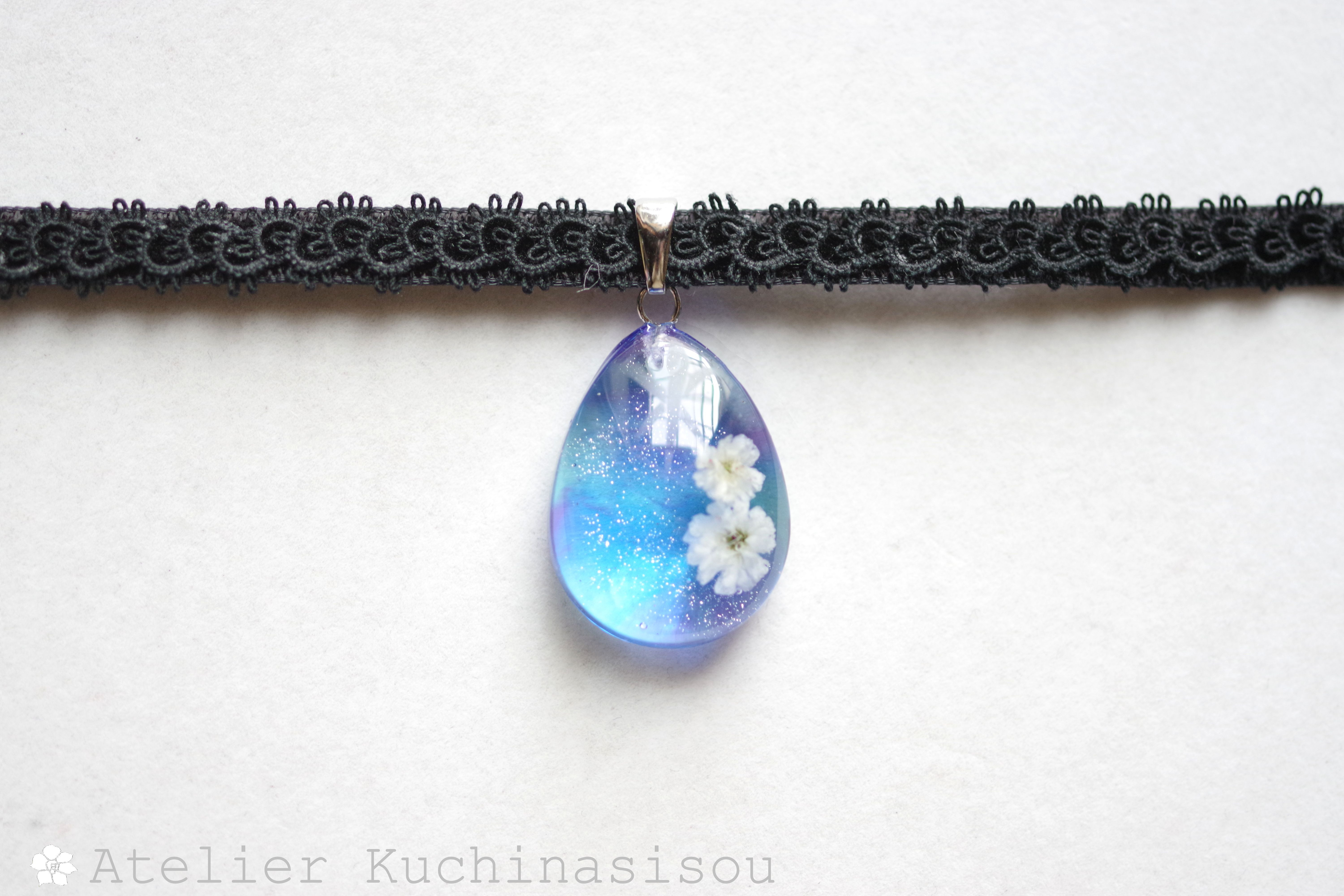 【受注製作】レジンアート　ドロップモチーフとタティングレースとベルベットリボンのチョーカー〈晴夜〉