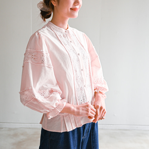 数量限定・春色【ペールピンク】Cotton lace balloonsleeve blouse「桜