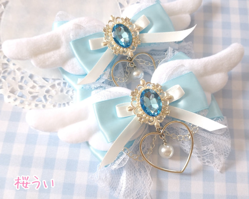 リボン天使様　完成品 水色】ふわふわ天使の羽根リボンクリップ(オーバル) 天使界隈 量産型