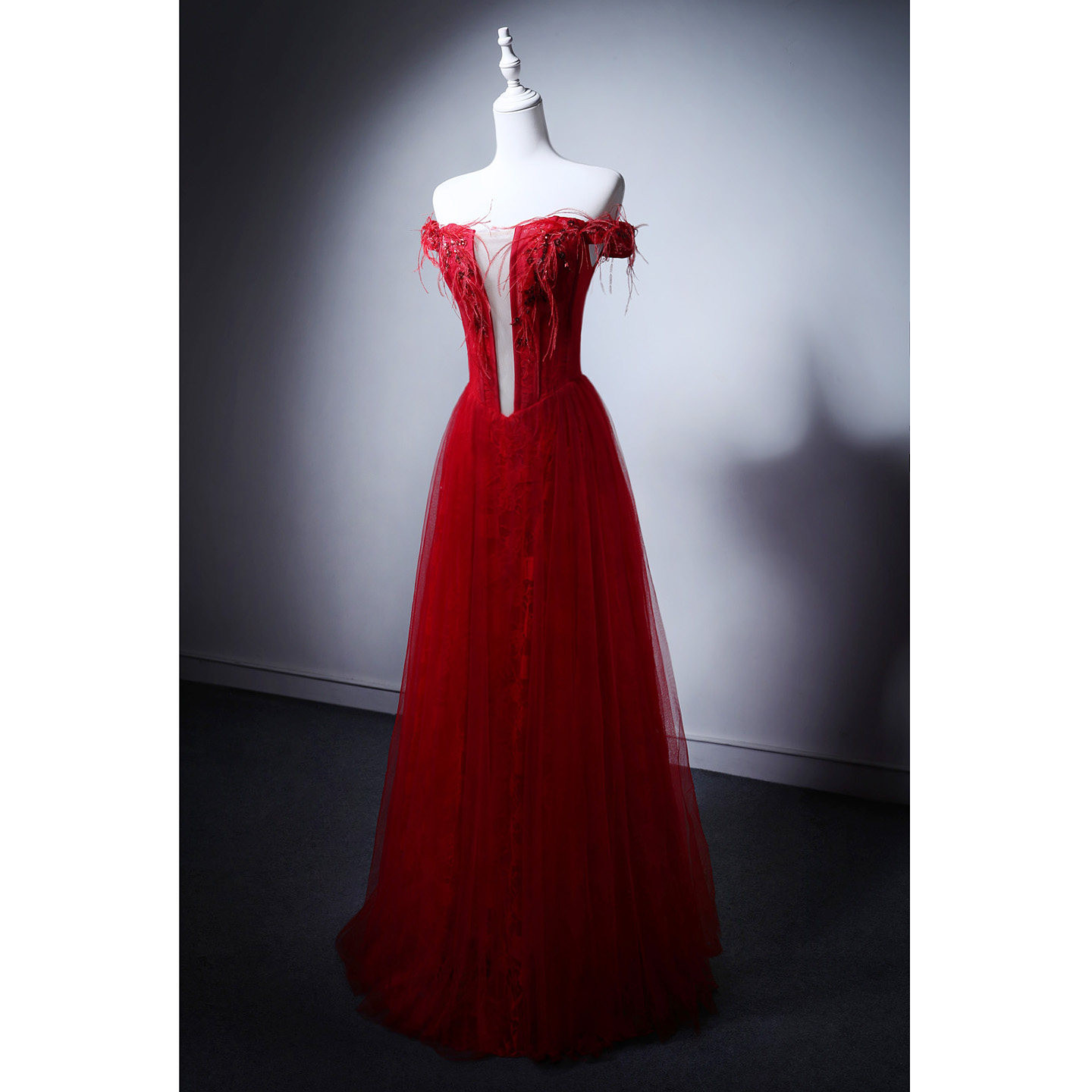 高級感 赤 チュール オフショルダー パーティードレス 綺麗 韓国風 演奏会 誕生日 成人式 二次会 前撮り M031