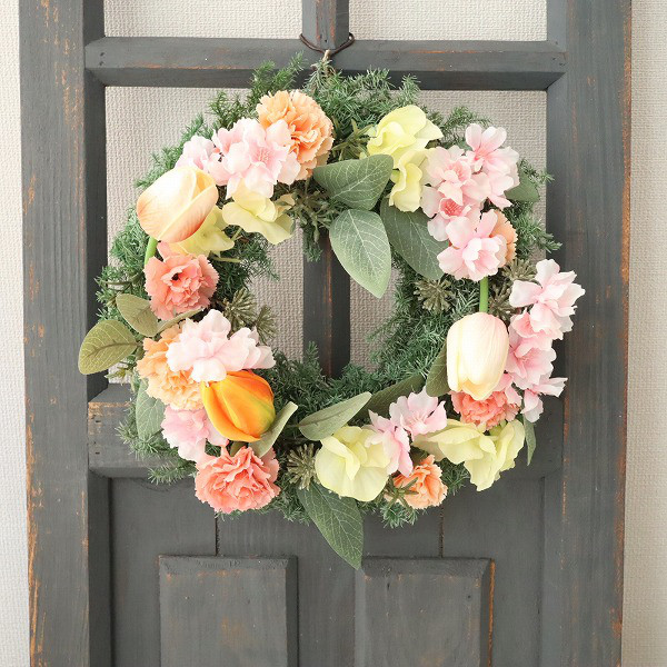 【現品限り】桜とチューリップが彩る春爛漫のリース　造花　直送ok　母の日　新築祝い　誕生日　ギフト　507