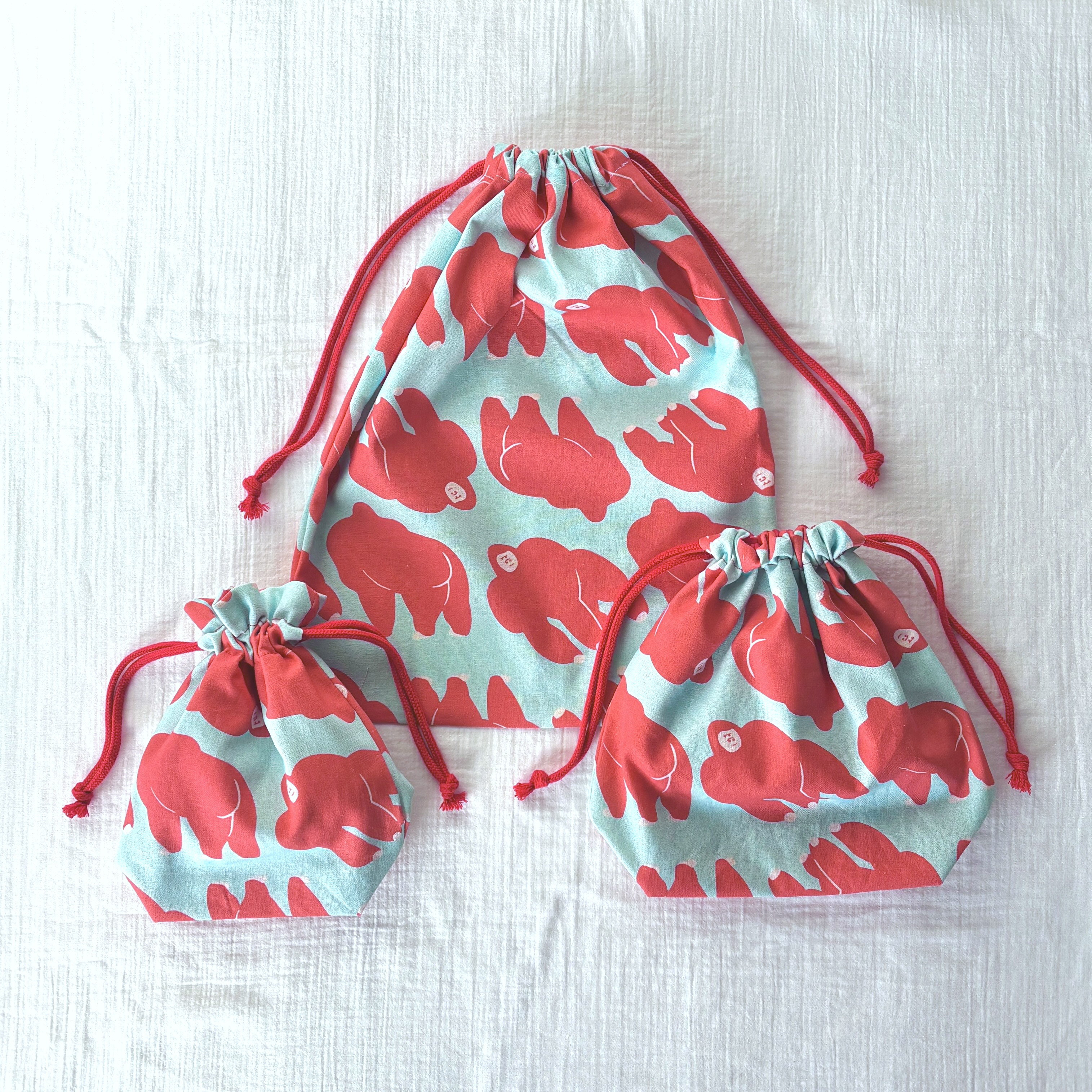 《レトロポップなゴリラ柄》入園巾着3点セット　コットンリネン　オリジナル生地　入園グッズ