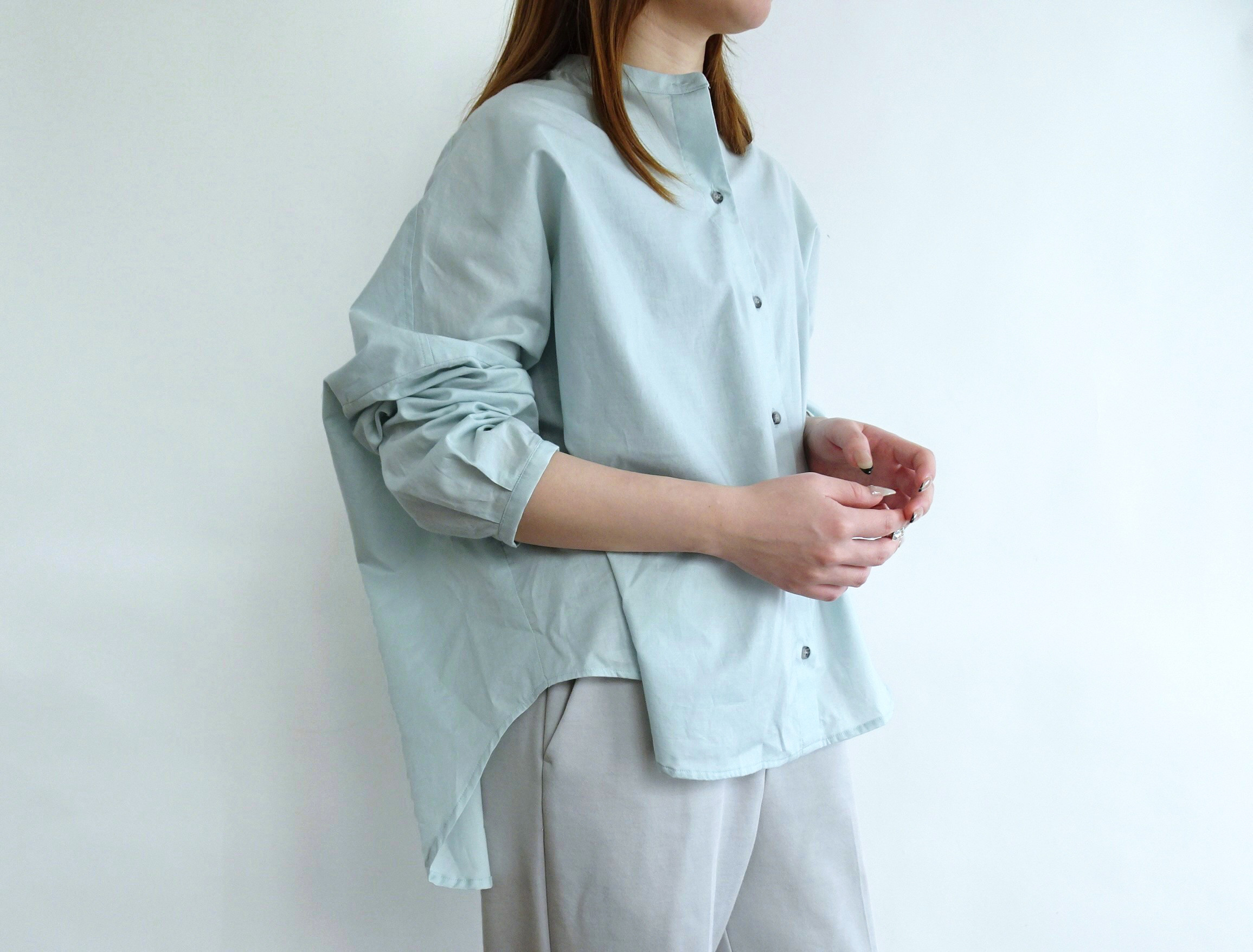 ダブルフェーススタンドカラーブラウス＜ミストグリーン＞