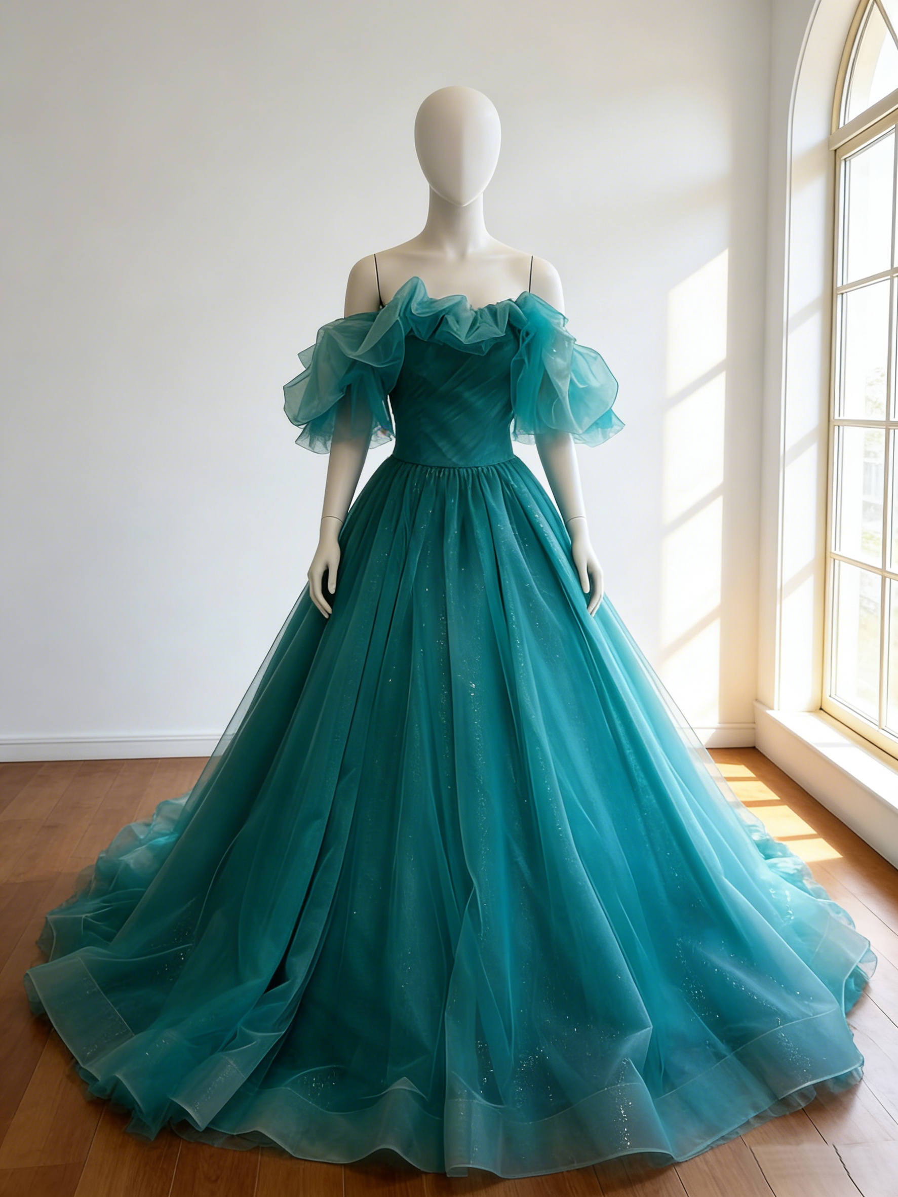 カラードレス グリーン オフショルダー シークインチュール  華やかなトレーン  花嫁 前撮り