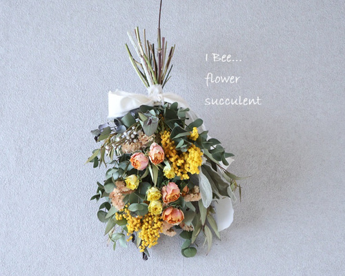 新作！ミモザとバラのドライフラワースワッグ ドライフラワー I Bee