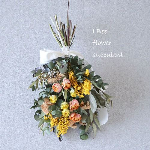 新作！ミモザとバラのドライフラワースワッグ ドライフラワー I Bee