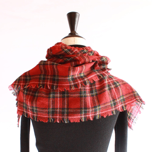 KMRii レザーチェック柄フェザーストール 巻スカート ifsixwasnin 4wayストール《ウールガーゼ×タータンチェック》(マフラー・ストール